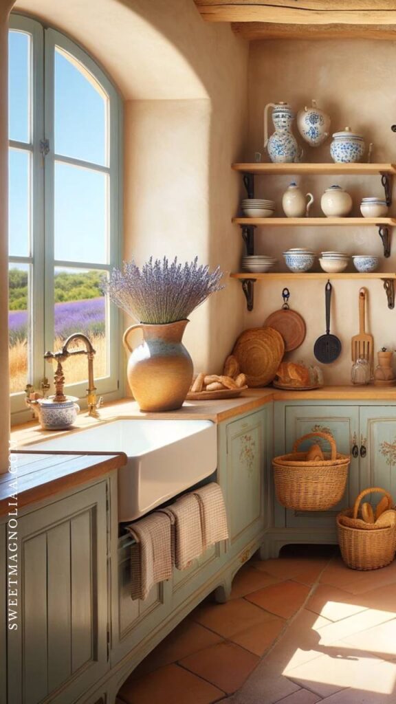 French kitchens are unapologetically tied to nature. The cabinetry often boasts solid wood, lovingly finished in light stains or distressed for that perfectly imperfect charm. It feels lived-in, like it carries stories of countless family meals. Stone or clay tile flooring grounds the space with authenticity, whispering tales of old farmhouses. Every element seems to invite touch—the cool, rough surface of a wooden countertop, the earthy weight of a clay pot. These materials don’t just build the kitchen; they breathe life into it.