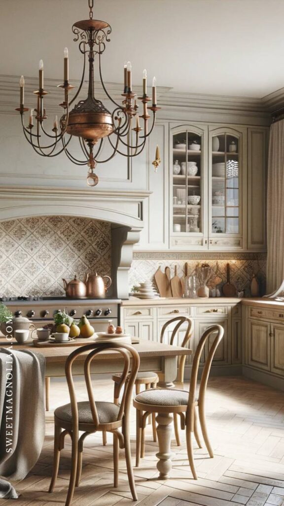 French kitchens don’t shy away from artistry. Cabinetry often mimics classic furniture pieces, complete with decorative legs, intricate carvings, and antique-style hardware. Molding and cornices add layers of sophistication. It’s the kind of space where even the storage looks like it belongs in an art gallery. The attention to detail is enchanting—each curve, knob, and flourish feels intentional, adding a layer of elegance that balances the rustic charm.