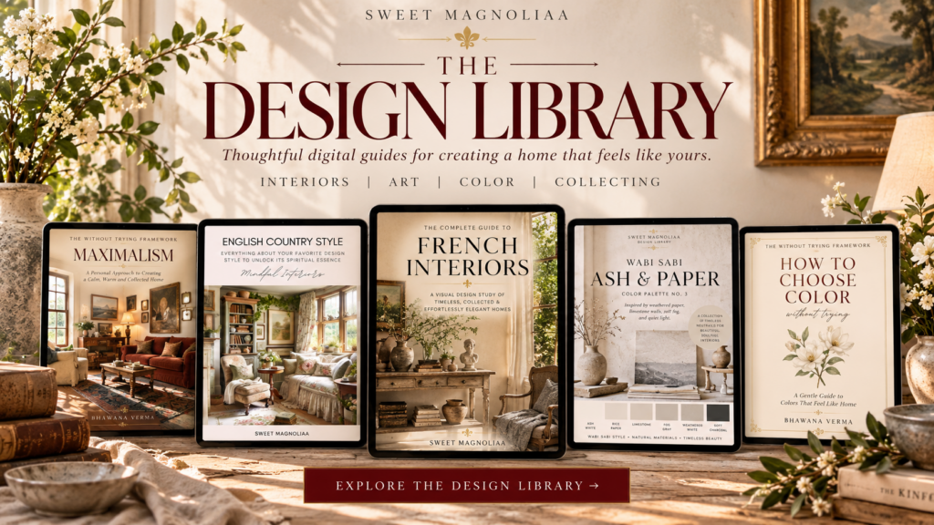 The Sweet Magnoliaa Design Library featuring five digital interior design guides: Maximalism, English Country Style, French Interiors, Wabi Sabi Ash & Paper, and How to Choose Color.
