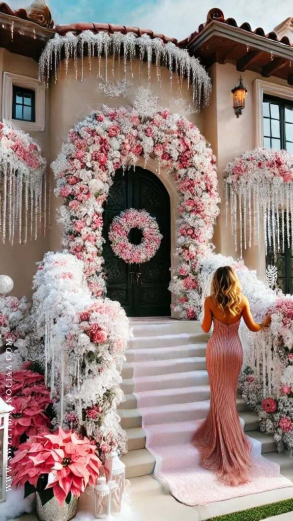 Beyond the tree, wreaths and garlands are essential elements of Christmas décor that can beautifully incorporate a pink and white color scheme.