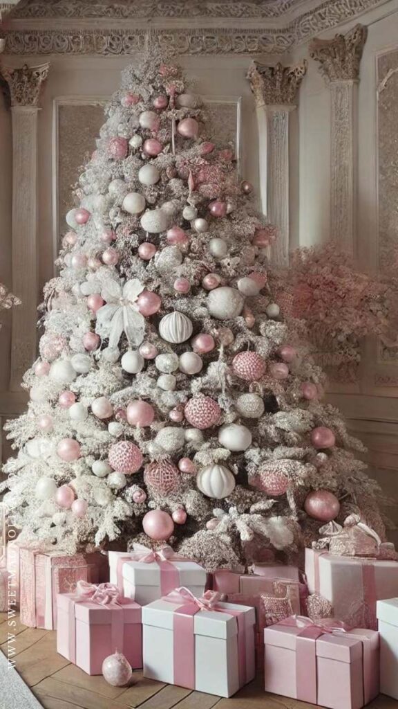 Stockings are a fun way to bring your pink and white Christmas theme into other areas of the home, especially when hung by the fireplace.