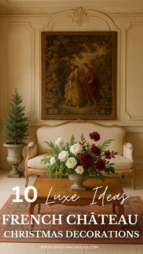 A cream French settee beneath a large antique tapestry, a potted mini tree on the side, and a coffee table topped with red and white floral Christmas arrangements.