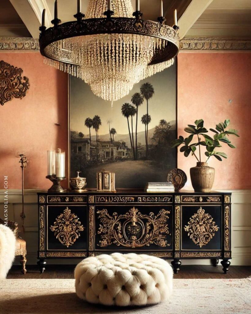 If Hollywood Regency had a mantra, it’d be: If it doesn’t feel expensive, why bother? This style is all about sensory indulgence—velvet, silk, satin, fur, lacquered surfaces, and polished metal.