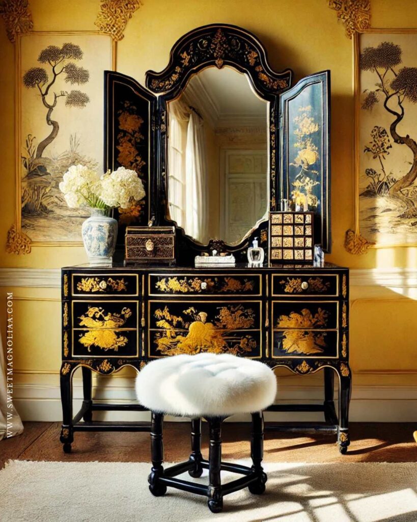 A Hollywood Regency home is never dull—literally. Mirrored furniture, crystal chandeliers, glass tables, and shiny metallic finishes keep the space feeling open, airy, and larger than life.