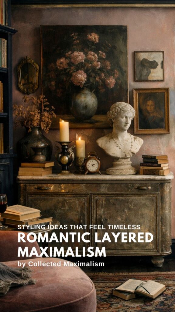 Romantic layered maximalist interior with vintage cabinet, marble bust, candles, stacked books, and floral art creating depth, warmth, and a collected, timeless atmosphere