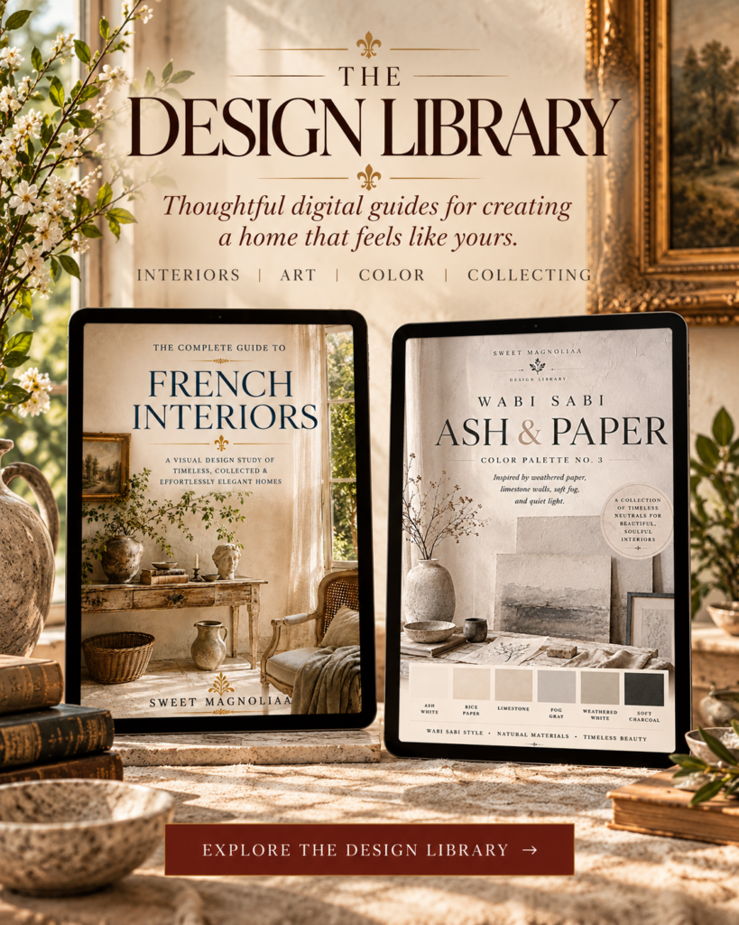 The Design Library Shop featuring French Interiors and Wabi Sabi Ash & Paper digital design guides displayed on tablets in an elegant, sunlit interior.