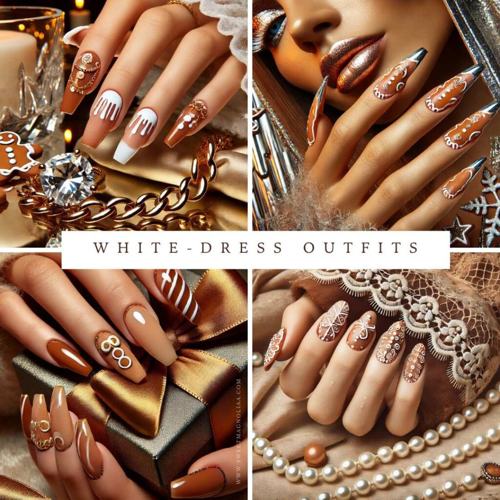 Gingerbread nails with icing drips, cookie art, gold accents, and lace detailing—styled in caramel, nude, and glossy festive finishes.
