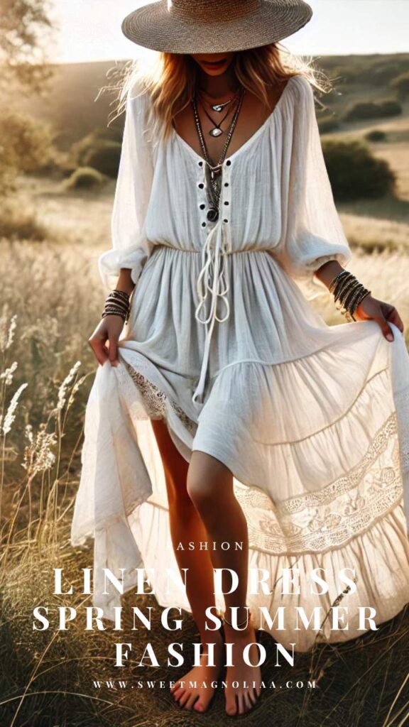 You’re wandering farmers’ markets, sketching under sun-dappled trees, and chasing golden hour with a film camera slung over one shoulder. Your linen dress is loose, lived-in, and light as a whisper—a vibe, not a performance.