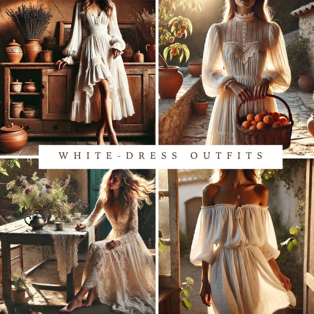 White dress styled with long sleeves, lace, and off-shoulder details in rustic settings for romantic spring and summer outfit inspiration.