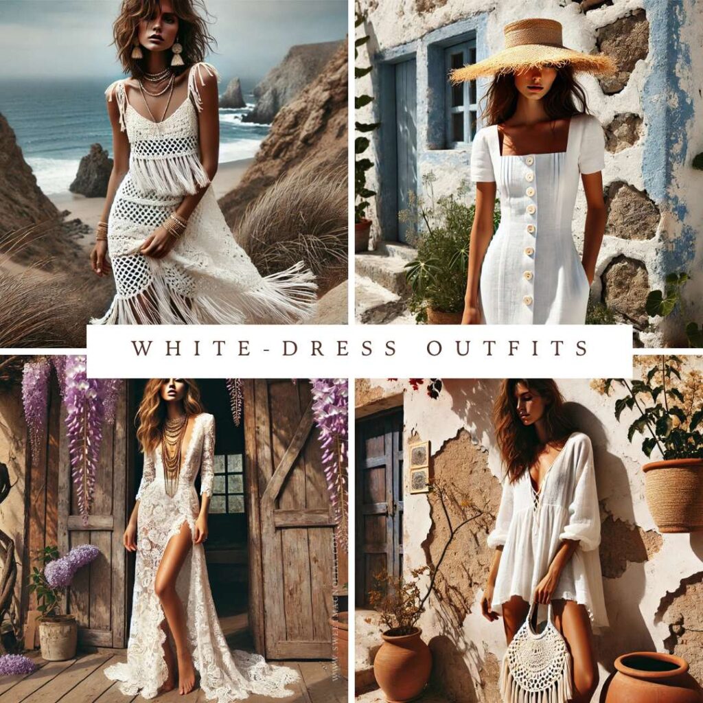White summer dresses styled in boho-chic settings: beachy crochet, buttoned linen, dramatic lace, and effortless tunics with accessories.