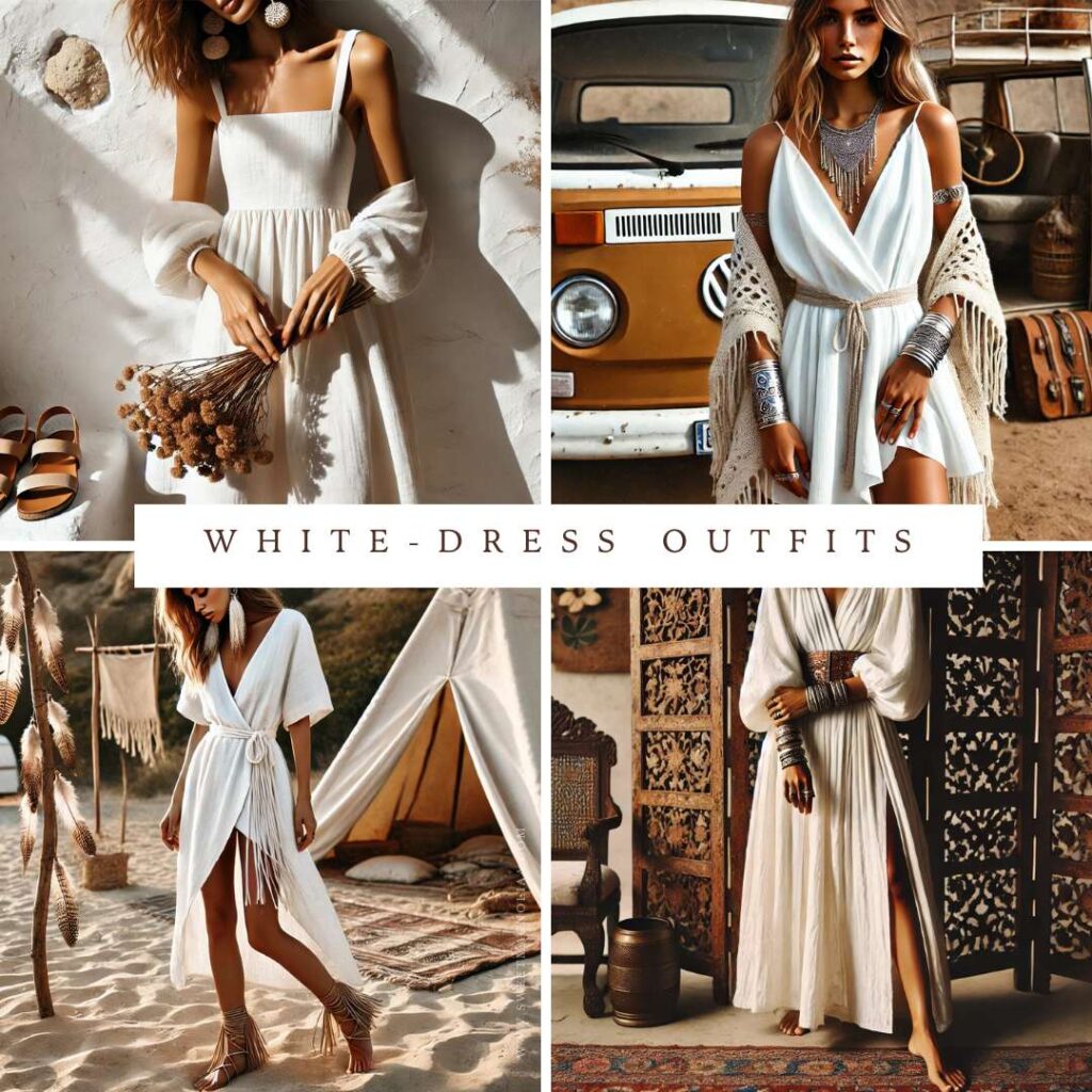 Boho white summer dresses styled with sandals, fringe, and statement jewelry, photographed in rustic tents and vintage interiors.