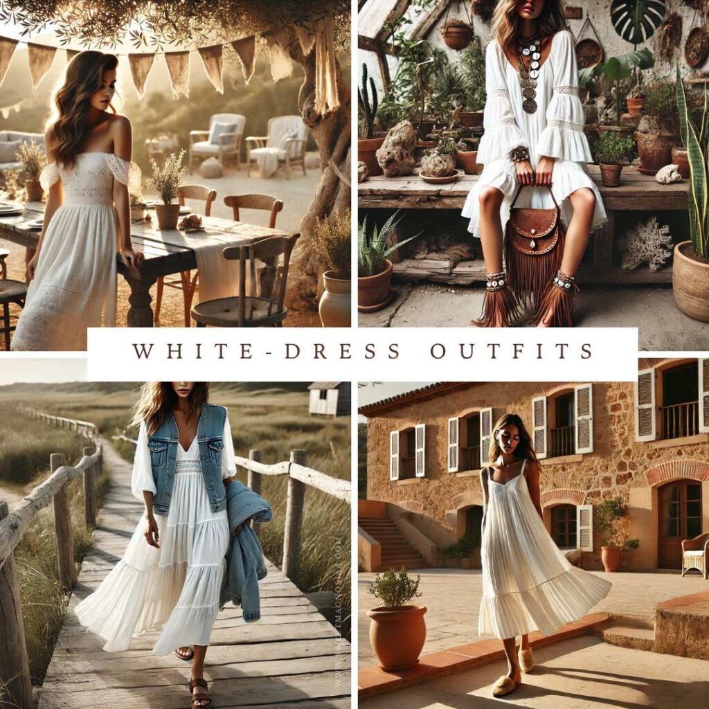 White dress outfits with eyelet detail, fringe, denim layers, and pleated elegance styled for boho-inspired spring and summer days.