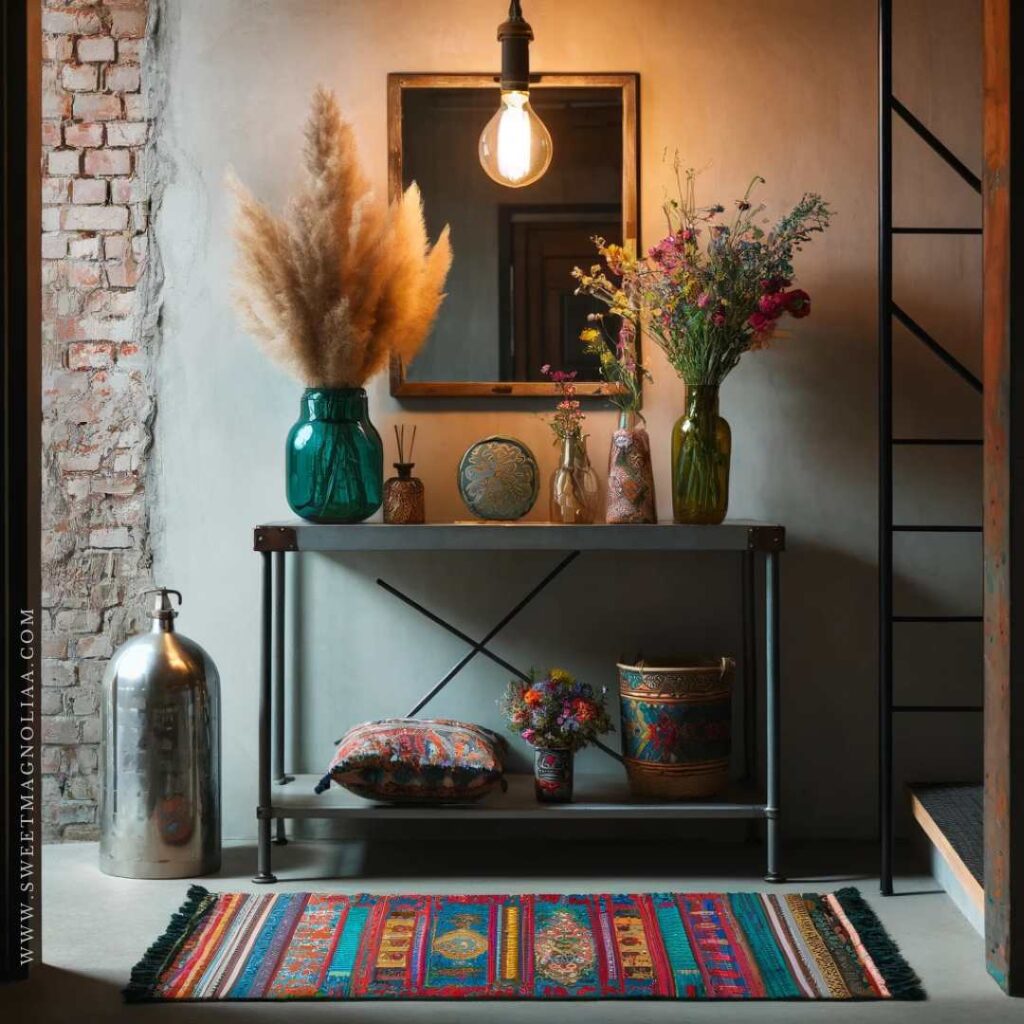 Urban entryway with industrial decor — exposed brick, steel-framed mirrors, reclaimed wood benches, and vintage pendant lights for a chic downtown loft feel.