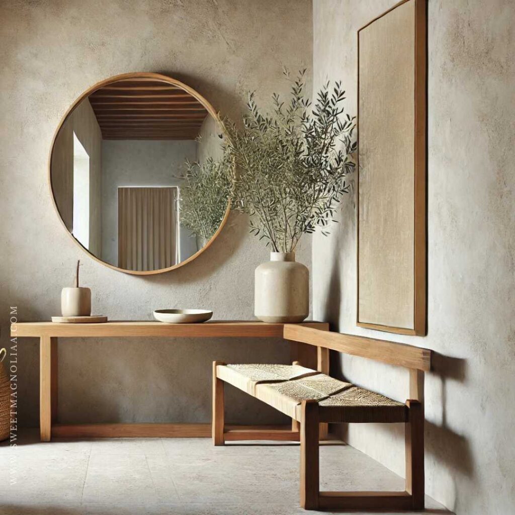 Organic modern entryway with sleek design and natural materials — wood, stone, and clean lines combine for a sophisticated yet calming welcome.