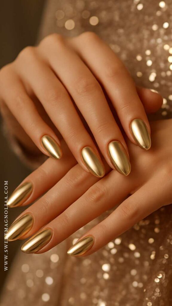 Winter Nail Designs: A sparkling nod to holiday glamour, champagne chrome nails bring the perfect mix of warmth and shimmer. This trend feels both festive and timeless, ideal for winter soirées.