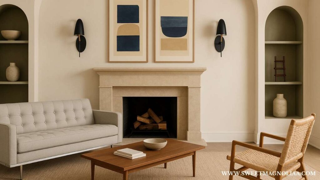 Minimalist living room with a beige tufted sofa, woven armchair, wooden coffee table, and stone fireplace, styled in a modern neutral palette for The Art of the Sofa Set.