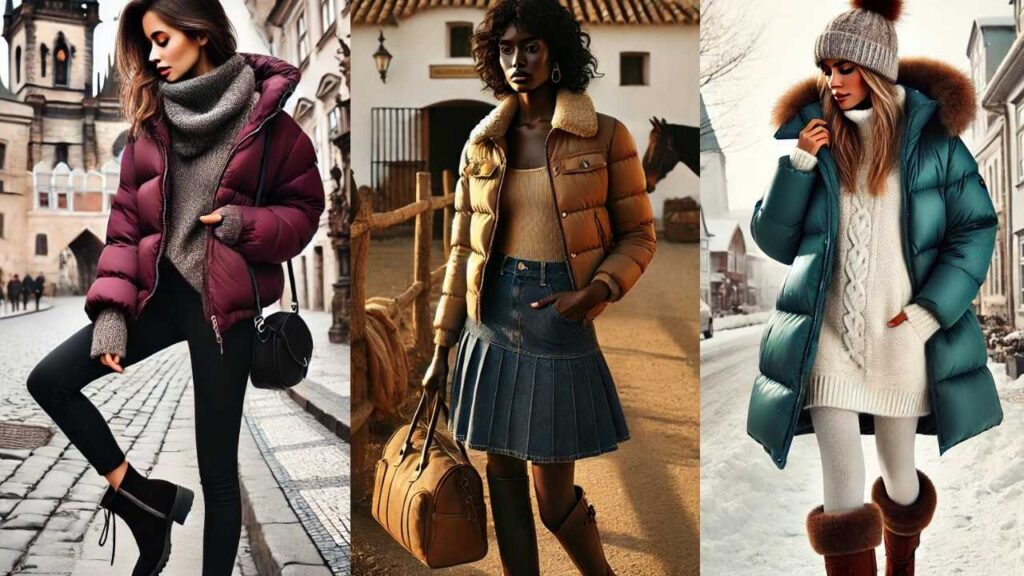 Stylish puffer jacket outfits for winter – burgundy puffer with sweater and leggings, tan cropped puffer with denim skirt, and teal longline puffer with knit dress.