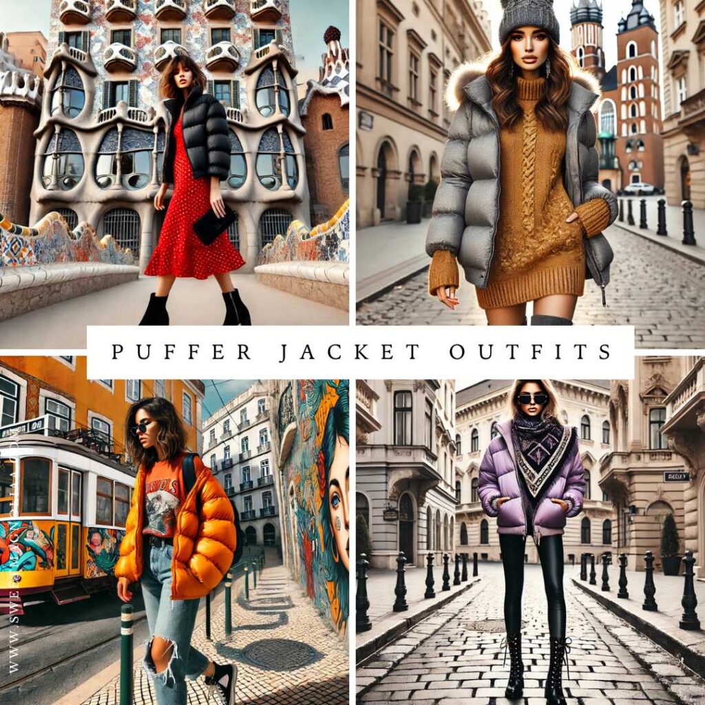 Collage of puffer jacket outfits featuring a black puffer with a red dress, a gray puffer with sweater dress, an orange puffer styled with ripped jeans, and a lavender puffer jacket with tights.