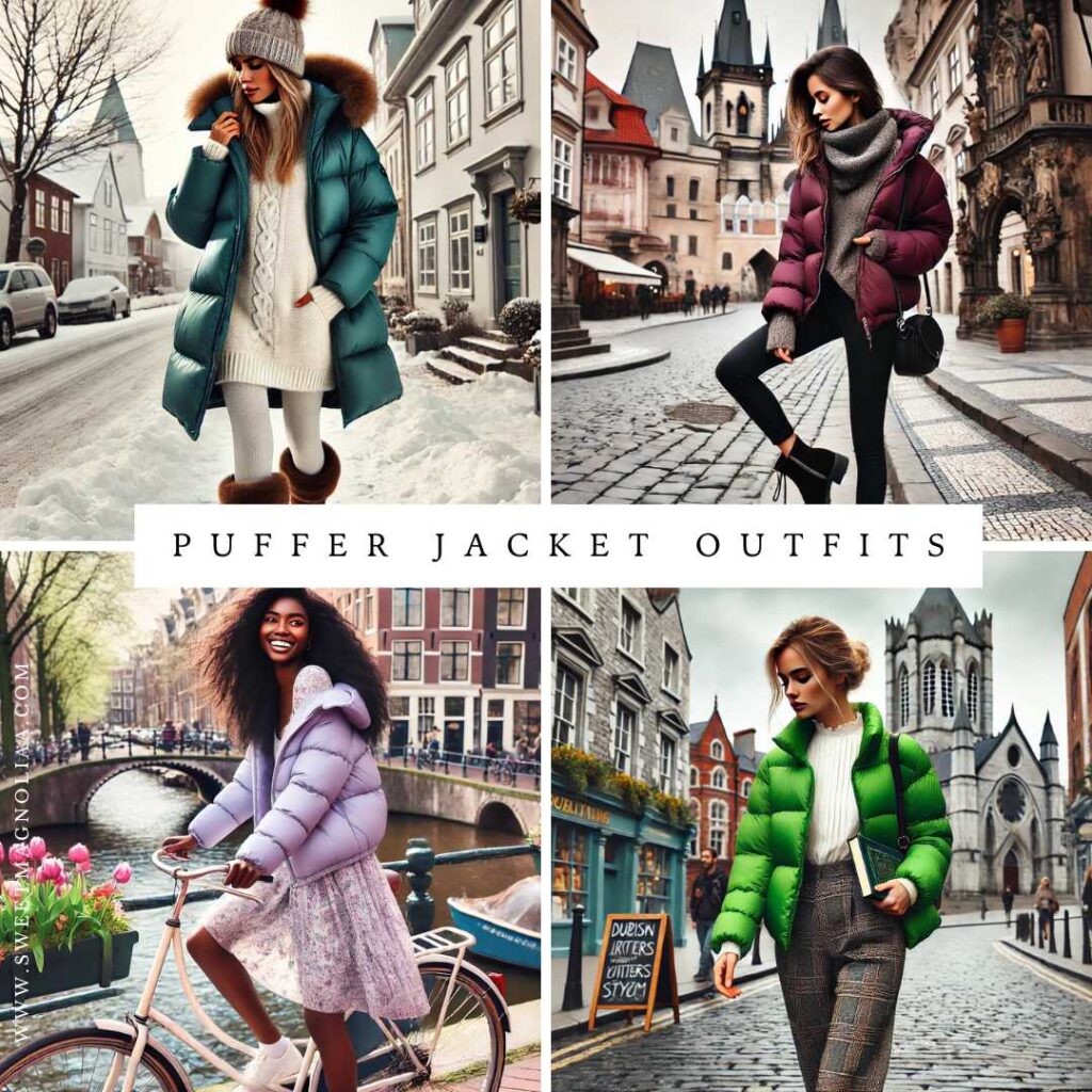 Collage of puffer jacket outfits styled with a teal longline puffer over a sweater dress, a burgundy puffer with skinny pants, a lilac puffer with floral dress, and a bright green cropped puffer with trousers.