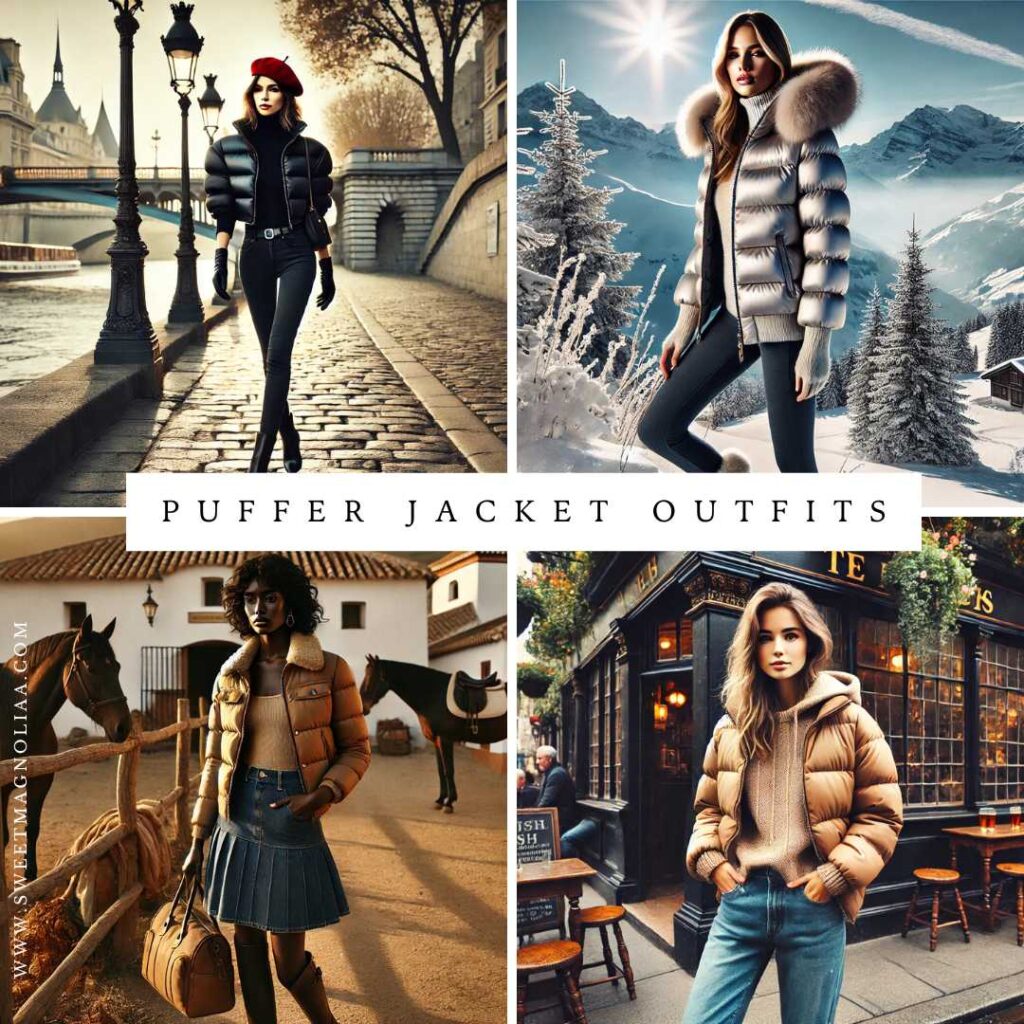 Collage of statement puffer jacket outfits including a chic black cropped puffer with beret, a metallic silver puffer with fur trim, a tan puffer with denim skirt, and a camel puffer with jeans.