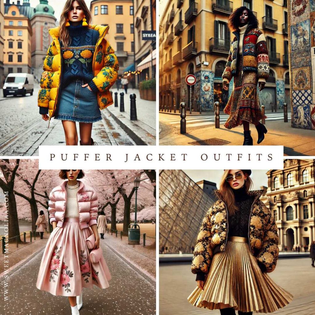 Collage of puffer jacket outfits including yellow floral puffer jacket with denim mini skirt, patchwork puffer jacket with flowing skirt and boots, blush pink puffer jacket with floral midi skirt, and baroque-inspired puffer jacket with gold pleated skirt – chic winter fashion looks featured by SweetMagnoliaa.