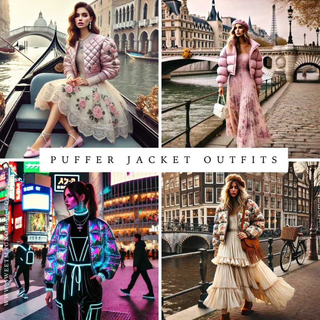 Collage of puffer jacket outfits including blush embroidered puffer with lace dress in Venice, pastel pink puffer jacket with maxi dress and beret in Paris, bohemian patterned puffer jacket with ruffled cream dress in Amsterdam, and holographic neon puffer jacket styled in Tokyo night street style – winter fashion looks featured by SweetMagnoliaa