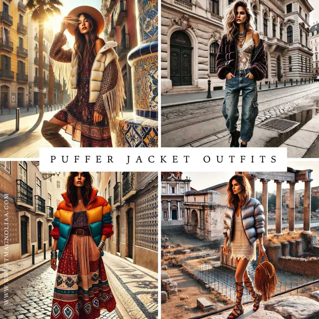 Collage of puffer jacket outfits including cream fringe puffer jacket over bohemian maxi dress with hat and boots, cropped velvet puffer jacket with distressed jeans and lace camisole, rainbow striped puffer jacket with patterned dress, and metallic silver puffer jacket with white lace mini dress and gladiator sandals – winter fashion looks featured by SweetMagnoliaa.