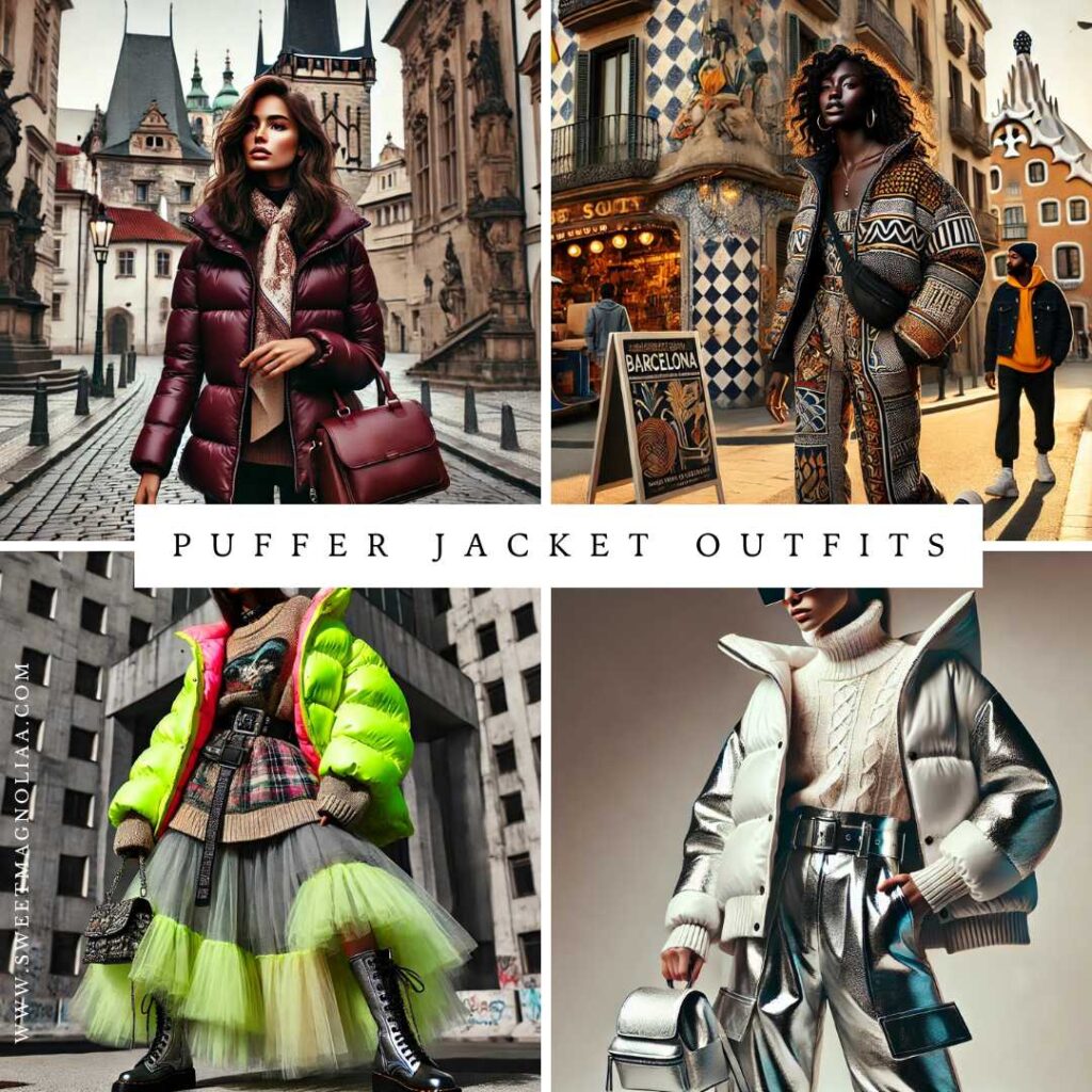 Collage of puffer jacket outfits including burgundy puffer jacket with tailored trousers and leather tote for city chic, patterned puffer jacket with matching trousers in Barcelona, neon green puffer jacket layered over tulle skirt with combat boots for street style drama, and silver metallic puffer jacket with wide-leg pants and turtleneck for futuristic winter fashion – looks by SweetMagnoliaa.com