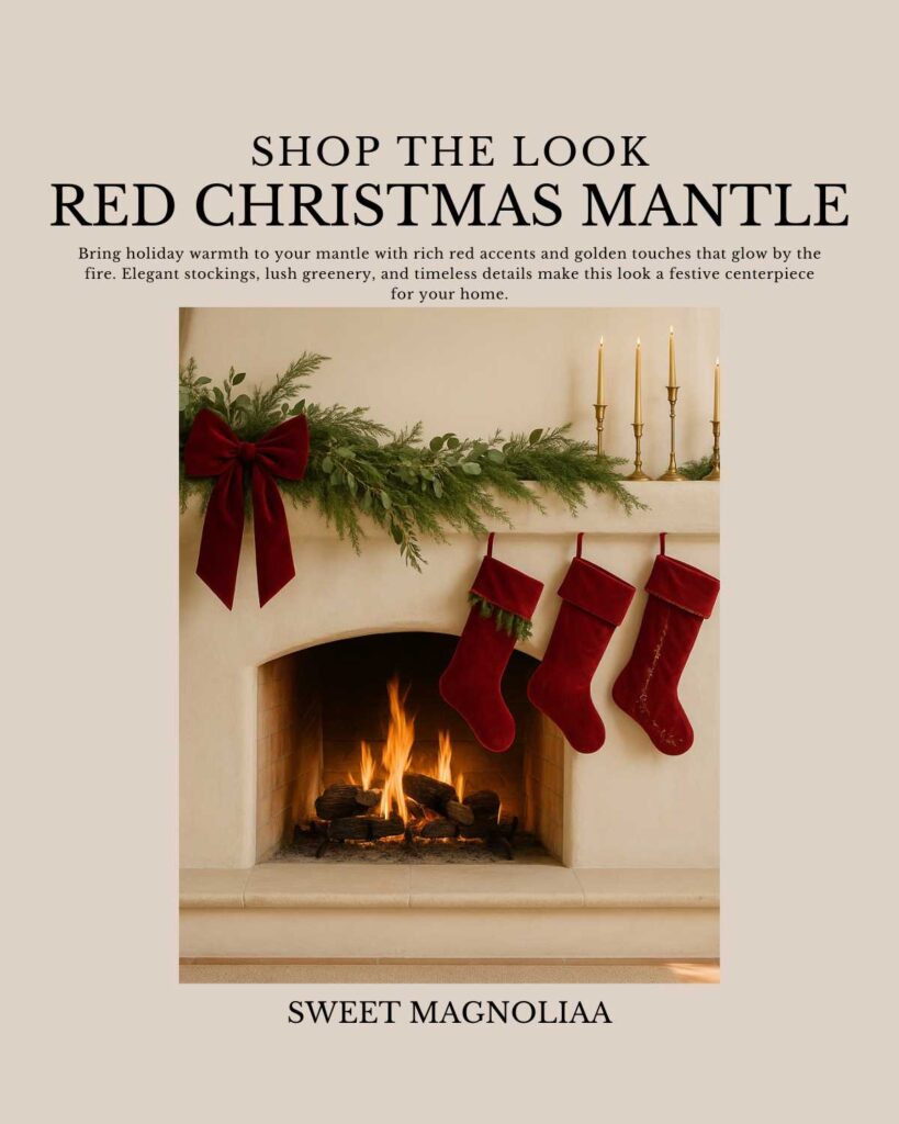 Bring holiday warmth to your mantle with rich red accents and golden touches that glow by the fire. Elegant stockings, lush greenery, and timeless details make this look a festive centerpiece for your home.
