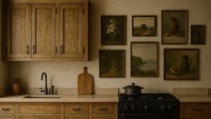 Rustic farmhouse kitchen with wooden cabinets, beige countertops, a black stove, wall-mounted vintage paintings, and simple ceramic decor.