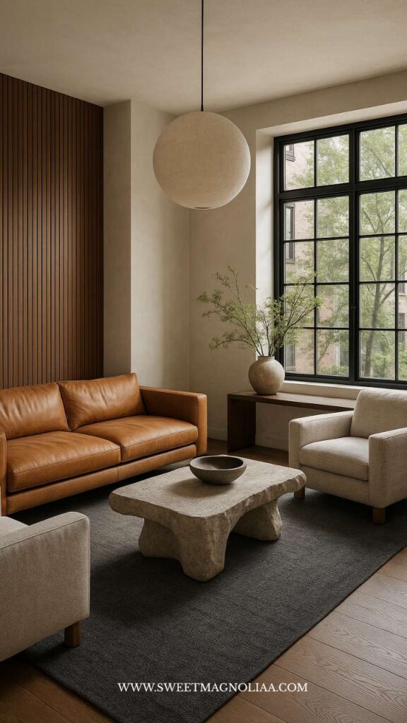 Modern living room with a dark wool rug, stone coffee table, and leather sofa — showcasing layered natural textures central to interior design trends 2026.