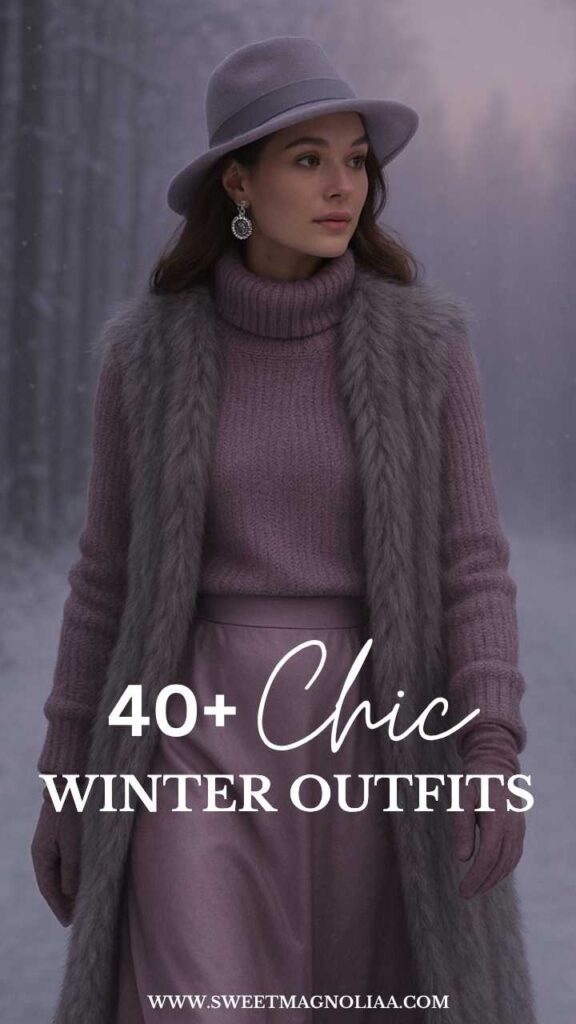 Woman wearing a lavender turtleneck sweater, faux-fur vest, satin skirt, and matching hat and gloves—elegant monochrome winter outfit idea for holiday fashion.