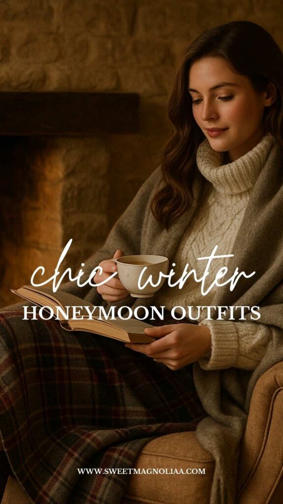 A woman sitting by a stone fireplace, wrapped in a plaid blanket and wearing a cream knit turtleneck sweater, holding a cup of tea and reading a book—an elegant and cozy winter honeymoon outfit.