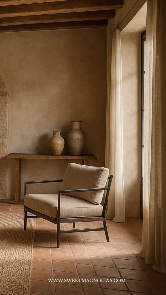 Warm neutral interior featuring hand-troweled plaster walls, ceramic vases, and a linen armchair — celebrating texture and tactility in interior design trends 2026.