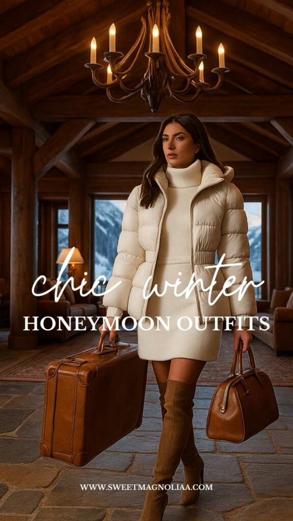A woman in a chic winter honeymoon outfit inside a luxury chalet, wearing a cream knit dress with a white puffer coat and knee-high boots, carrying vintage brown leather luggage, with snowy mountains visible through the window.