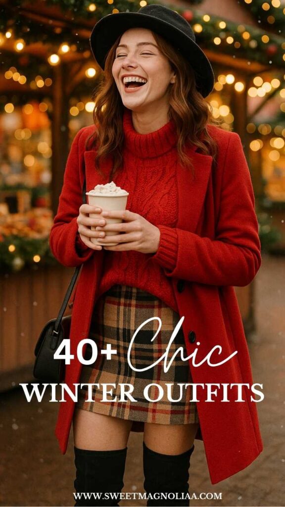 Woman wearing a red coat over a red cable-knit sweater with a plaid mini skirt, black hat, and knee-high boots—chic Christmas winter outfit idea for 2025 holiday fashion.