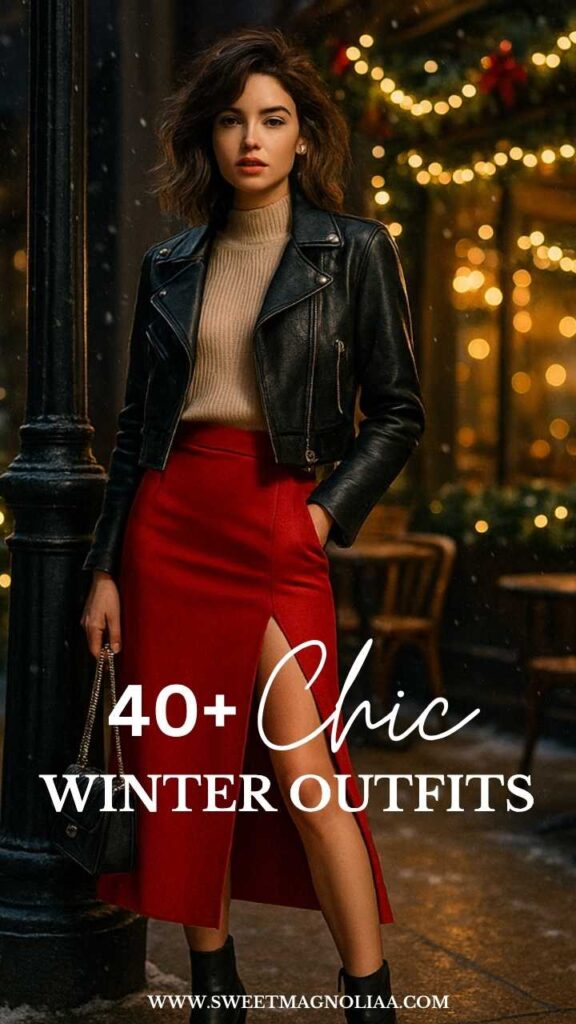 Woman wearing a beige turtleneck, red slit midi skirt, and black leather jacket—stylish winter outfit idea for Christmas or evening parties, combining elegance and edge.