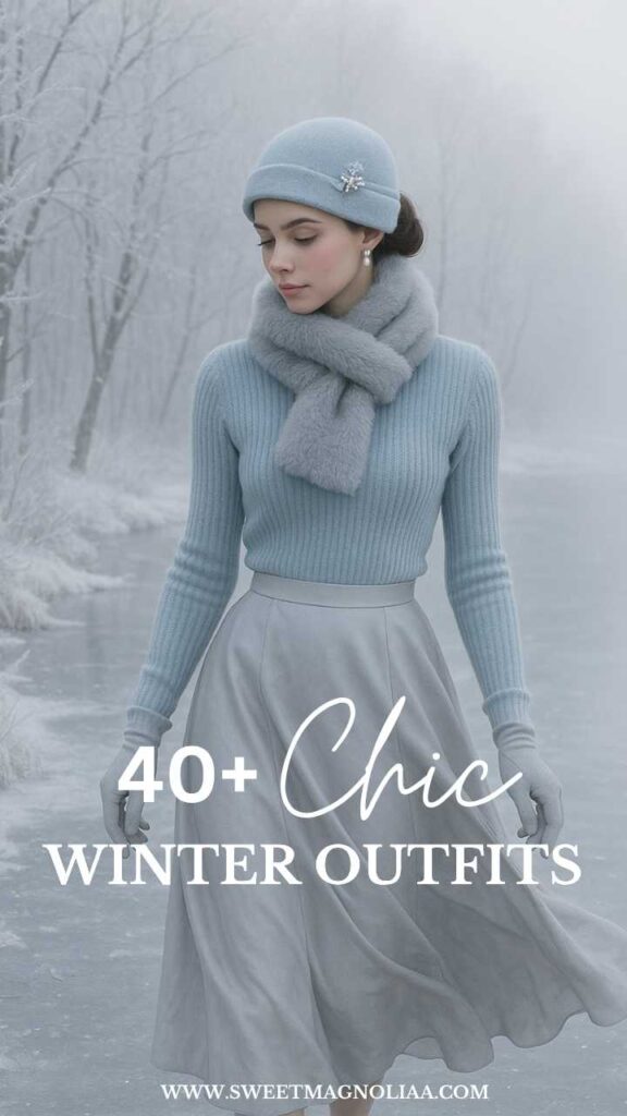 Woman wearing an icy blue ribbed sweater, satin skirt, faux-fur scarf, and matching hat—elegant monochrome winter outfit idea with vintage-inspired charm and timeless style.
