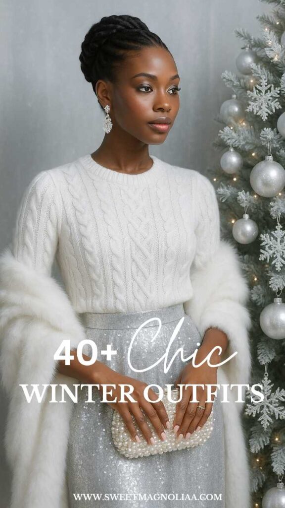 Woman wearing a white cable-knit sweater, silver sequin skirt, faux-fur wrap, and pearl clutch—elegant winter outfit idea featuring silver and white holiday glamour.