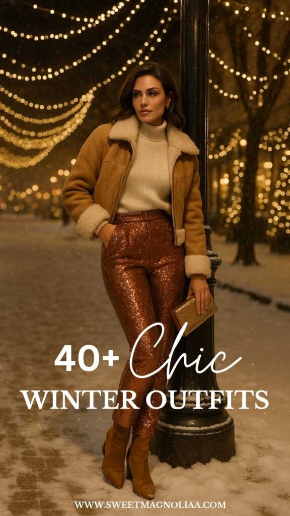Woman wearing bronze sequin pants, cream turtleneck sweater, and camel shearling jacket with ankle boots—stylish winter outfit idea combining cozy textures and festive sparkle.