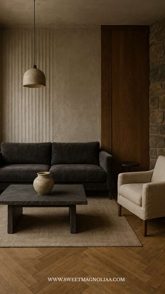 Warm minimalist interior with fluted plaster texture, curved pendant lighting, and tactile stone surfaces — showcasing architectural craftsmanship in interior design trends 2026.