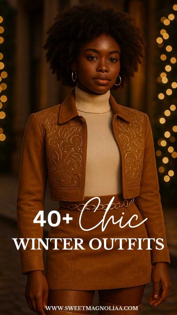 Woman wearing a caramel suede embroidered jacket, cream turtleneck, and matching suede mini skirt—elegant winter outfit idea for holiday or evening fashion.