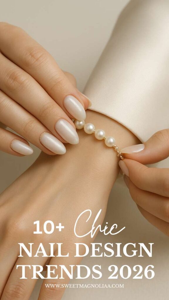 Satin sheen nail design trend 2026 — pearl-white almond nails with soft fabric-like glow and minimal gold detailing, elegant luxury manicure style.
