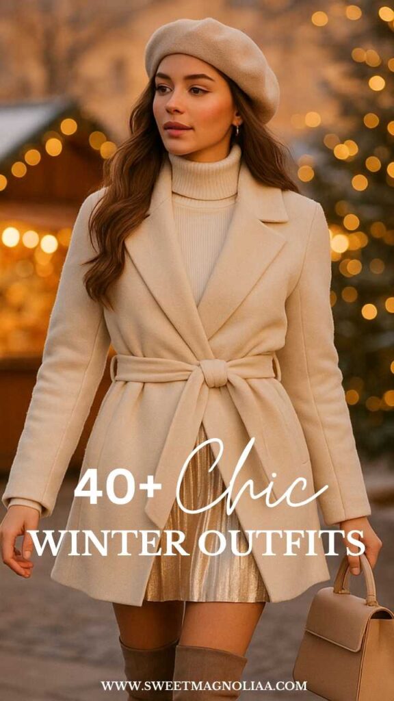 Woman wearing a chic beige winter outfit featuring a belted wool coat, turtleneck sweater, and gold skirt, accessorized with a beret and neutral handbag — elegant winter fashion inspiration for 2025.