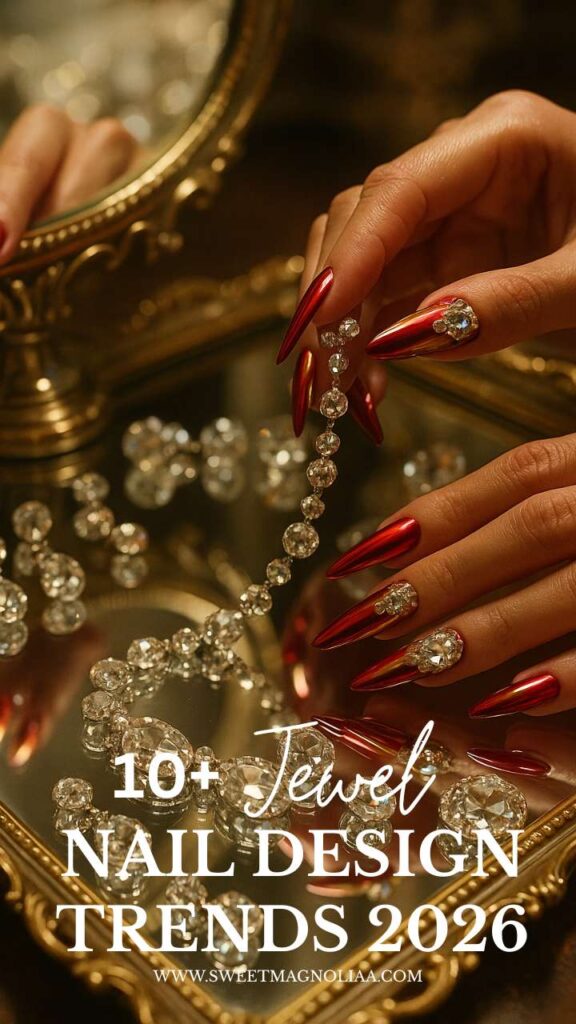 More-is-more nail design trend 2026 — red chrome stiletto nails with oversized crystal gems and gold mirror styling, maximalist manicure inspiration.