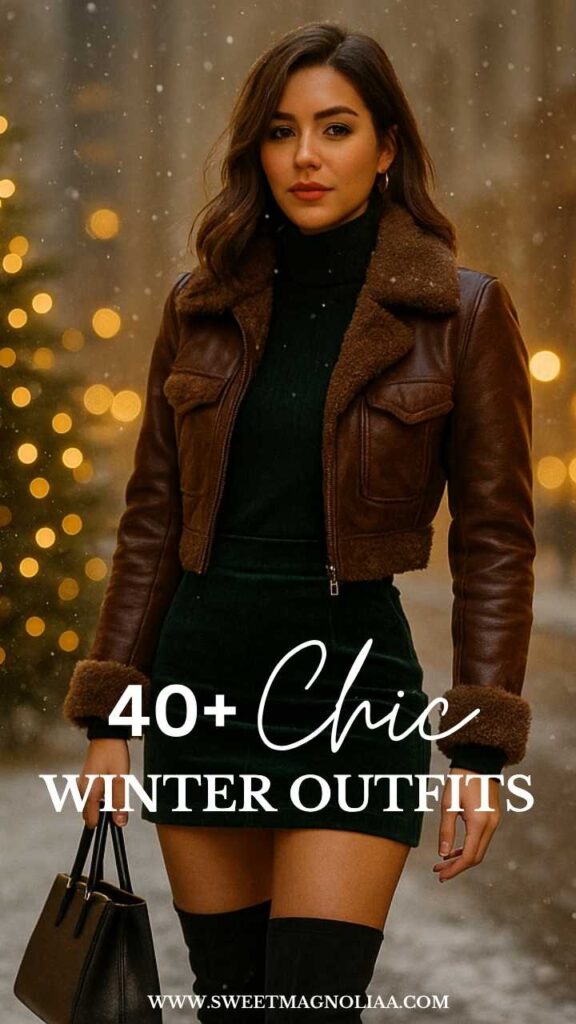 Woman wearing an emerald and leather winter outfit with a green velvet dress, brown shearling jacket, black over-the-knee boots, and dark handbag — chic modern winter fashion inspiration.