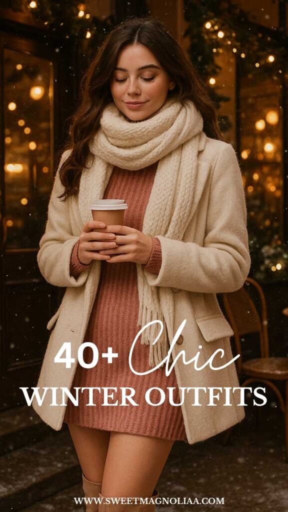Woman in a cozy winter outfit wearing a blush knit dress, cream wool coat, and chunky scarf, holding a coffee cup — chic neutral winter fashion inspiration.