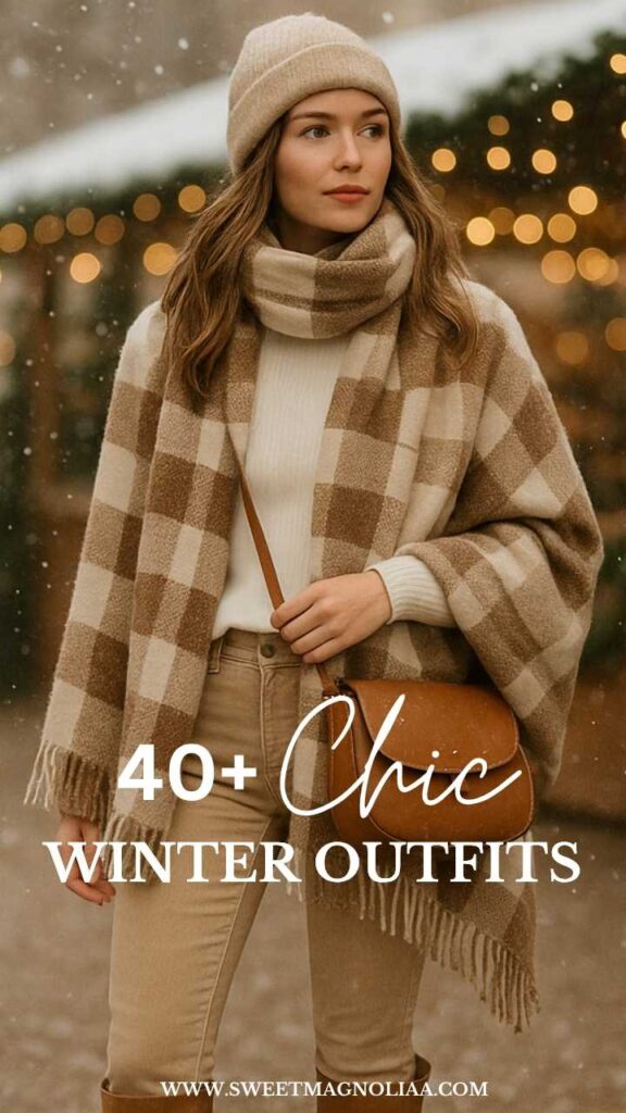 Woman wearing a neutral winter outfit with beige sweater, checkered scarf, tan jeans, beanie, and brown crossbody bag — cozy and elegant winter fashion inspiration.