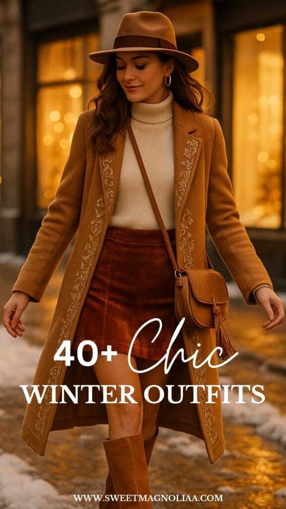 Woman wearing a camel embroidered coat, cream turtleneck, burnt-orange suede skirt, and wide-brim hat—stylish winter outfit idea for Christmas and cold-weather fashion.
