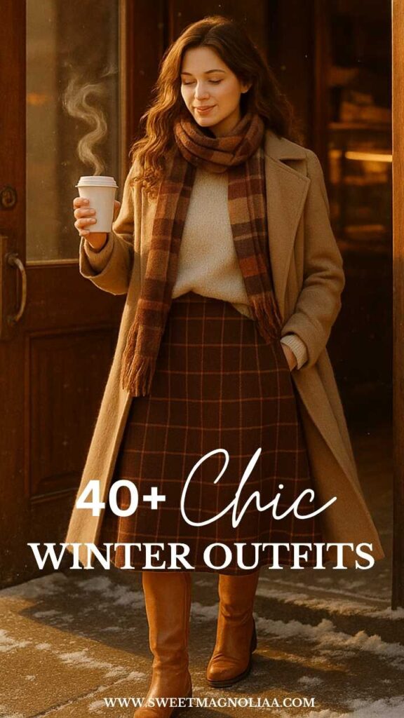 Woman wearing a mocha winter outfit with a camel coat, cream sweater, brown plaid skirt, matching scarf, and knee-high leather boots — cozy classic winter fashion inspiration.